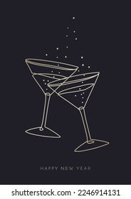 Elegant Linear Illustration Of Drinks With Bubbles And „Happy New Year” Wishes. Simple Graphic Design Ideal For Carnival Party Poster, Invitation Or Greeting Card.