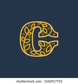 Elegant linear letter C initial ornate logotype. Premium vector typeface with leaves and dots for real estate, luxury, elegant, glamour, fashion, boutique icon symbol.