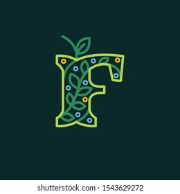 Elegant linear letter F eco ornate logotype. Premium vector typeface with green leaves and dew dots for eco, vegan, bio, raw, organic template.