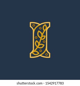 Elegant linear letter I initial ornate logotype. Premium vector typeface with leaves and dots for real estate, luxury, elegant, glamour, fashion, boutique icon symbol.