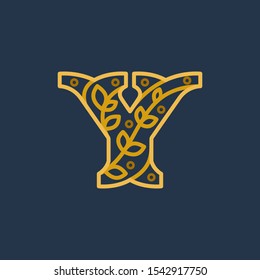 Elegant linear letter O initial ornate logotype. Premium vector typeface with leaves and dots for real estate, luxury, elegant, glamour, fashion, boutique icon symbol.