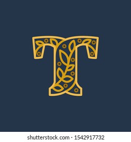 Elegant linear letter T initial ornate logotype. Premium vector typeface with leaves and dots for real estate, luxury, elegant, glamour, fashion, boutique icon symbol.