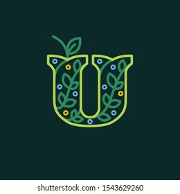 Elegant linear letter U eco ornate logotype. Premium vector typeface with green leaves and dew dots for eco, vegan, bio, raw, organic template.