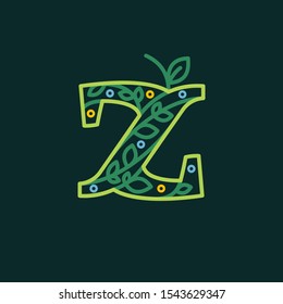 Elegant linear letter Z eco ornate logotype. Premium vector typeface with green leaves and dew dots for eco, vegan, bio, raw, organic template.