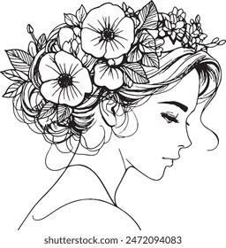 Elegant linear minimalistic picture, young, attractive woman with flowers in her hair. Opulent style and contemporary illustration. White backdrop and soft black lines, boho, flat style