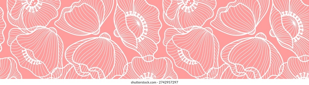 Elegant Linear Poppy Pattern in Hand-Drawn Style, Romantic Botanical Background for Wedding Header, Main Visual Design, etc in a vector illustration