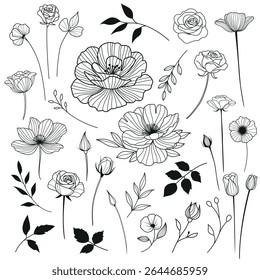 Elegant line-art set of hand-drawn flowers, leaves, and floral elements in black and white. Perfect for logos, wedding invites, packaging, wall art, and botanical-themed projects.