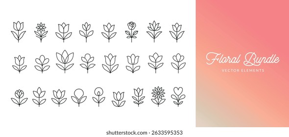 Elegant line-art set of symmetrical flowers and branches. Perfect for branding, packaging, stationery, tattoo designs, and decorative projects.