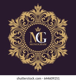 Elegant lines of calligraphic ornament. Golden decorative frame. Heraldic symbols. The original monogram. Vector business sign, identity for hotel, restaurant, heraldic, boutique, jewelry.