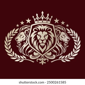 Elegante escudo de armas de heráldica de león Logotipo real con corona de escudo y corona de laurel