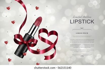 Elegant lipstick ads, glossy lipsticks with ribbons in heart shape isolated on silver bokeh background, 3d illustration