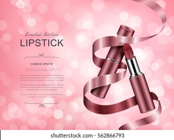 Elegant lipstick ads, glossy lipsticks with ribbons isolated on pink bokeh background, 3d illustration