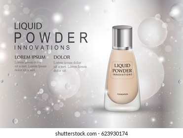 Elegant liquid powder isolated on silver background.Compact foundation advert for web,poster,placard,flyer and leaflet.Also useful for marketing on social network and banner template