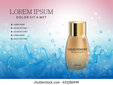 Elegant liquid powder isolated on wavy sparkly and shiny background.Advert for web site,poster,placard,flyer and leaflet.Also useful for marketing on social network and banner template