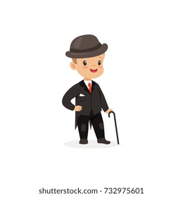 Elegant little boy in black suit with walking stick, young gentleman dressed up in classic retro style vector Illustration