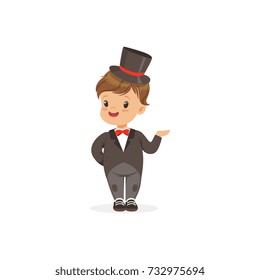 Elegant little boy wearing dinner jacket and black top hat, young gentleman dressed up in classic retro style vector Illustration