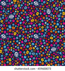 Elegant little flowers and funny bugs on a blue background, vector texture, illustration.