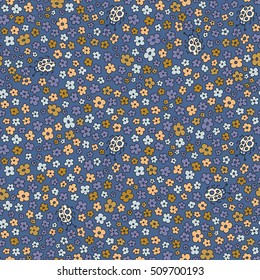 Elegant little flowers and funny bugs on a blue background, vector texture, illustration.