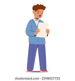 Elegant little gentleman cartoon boy child character singing song reading text on paper sheet standing isolated on white. Preschool children artistic hobby and music education vector illustration