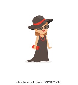 Elegant little girl posing in bacl hat and long dress, young lady dressed up in classic retro style vector Illustration