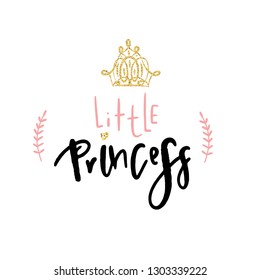 Elegant Little princess crown poster. Black brush line. Decoration elements with golden glitter. Doodle art.