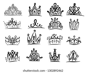 Elegant Little princess crown set. Black brush line. Decoration elements. Doodle art.