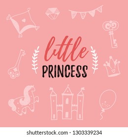 Elegant Little princess typography doodle poster. Decoration elements with unicorn, castle. Modern art.