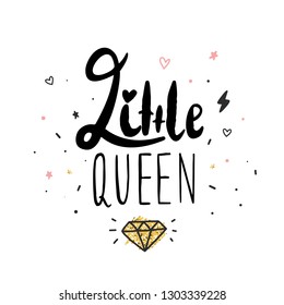 Elegant Little queen crown poster. Black brush line. Decoration elements with golden glitter. Doodle art.