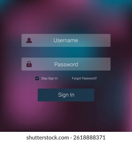 Elegant login form template with a soft blur gradient background in purple and teal tones. Features simple input fields for username and password
