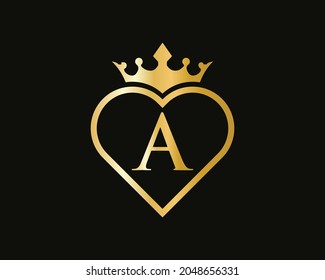 Elegant A Logo With Crown and Love Shape. Heart Letter A Logo Design, Gold, Beauty, Fashion, Cosmetics Business, Spa, Salons, And Yoga Vector Luxury Concept Template
