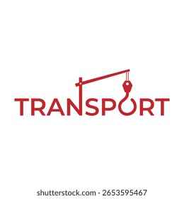 Representação de logotipo elegante com a palavra transporte e gancho de guindaste que transporta a identidade da marca Logística Frete e serviços de movimentação com ênfase em soluções de transporte e entrega