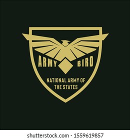 Elegant logo design for air force badge template with shield and abstract eagle icon in gold isolated on dark background