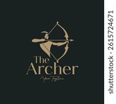 Elegant logo design of an archer with a bow and arrow, perfect for branding, sports, or fantasy related businesses. Minimalist and stylish.