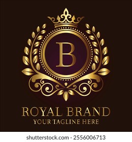 Elegant logo design B with golden crown and leaves for luxury brands and royal-themed businesses  
