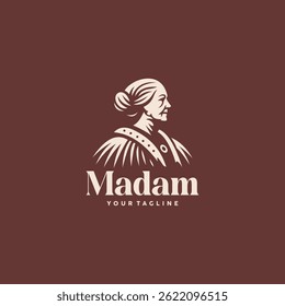 Design de logotipo elegante com a silhueta de mulher clássica no fundo rico Borgonha