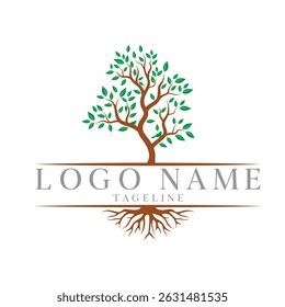 Elegant logo design featuring a leafy tree with visible roots and placeholder text symbolizing growth nature and stability