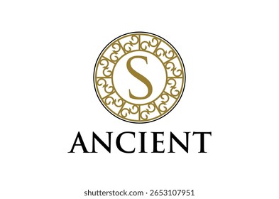 Elegant logo design featuring the letter S within an ornate circular frame.  Ancient and classic style mandala. Vector illustration.