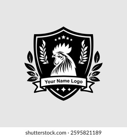 Elegant logo design featuring a rooster in a crest with laurel leaves and stars for branding purposes