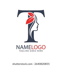 Elegant logo design featuring a stylized letter T with a woman's profile and red leaves, perfect for beauty, fashion, or corporate branding.