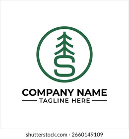 Diseño de logotipo elegante con un pino estilizado que rodea la letra S para una empresa basada en la Naturaleza