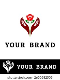 Design de logotipo elegante com duas mãos estilizadas suavemente segurando uma rosa vermelha