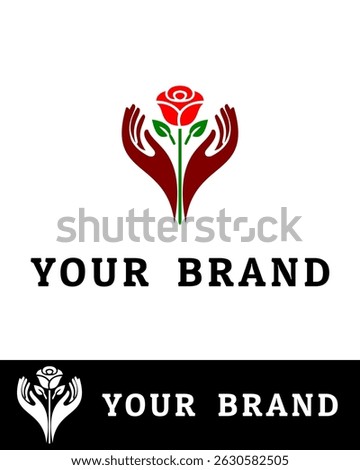 Elegant logo design featuring two stylized hands gently holding a red rose