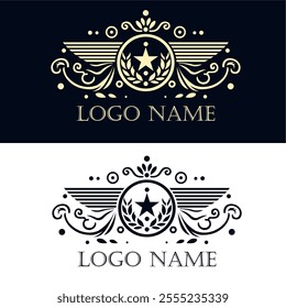 Elegant logo design with a regal and vintage aesthetic. Features a central star encircled by a laurel wreath, flanked by intricate ornamental wings and floral flourishes.