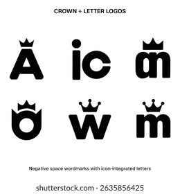 Desenhos de logotipo elegantes com letras coroadas. Estilo minimalista em preto sobre branco, oferecendo uma solução de marca elegante. Ícones do logotipo criativo.