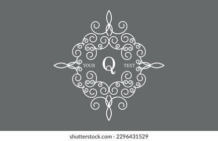 Elegant logo with elements of calligraphic elegant ornament and letter Q. Identity design for shop or cafe, store, restaurant, boutique, hotel, heraldic shop, fashion, etc.