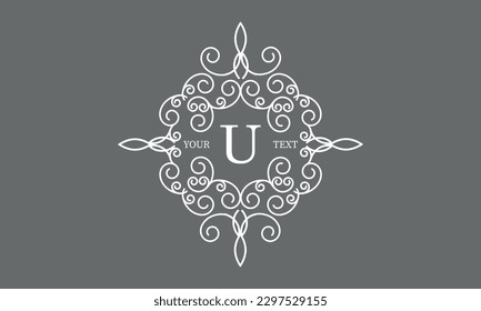 Elegante logo con elementos de elegante ornamentación caligráfica y letra U. Diseño de identidad para tienda o cafetería, tienda, restaurante, boutique, hotel, tienda heráldica, moda, etc.