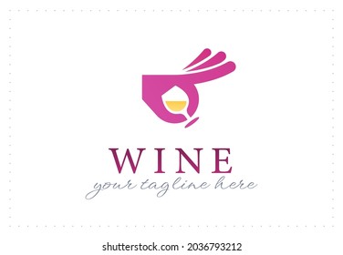 Elegant logo emblem design template with glass of yellow wine and hand gesturing OK on white background