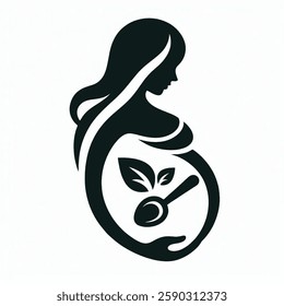 An elegant logo featuring the silhouette of a pregnant woman embracing her belly, adorned with leaf and spoon symbols representing healthy and natural food. 