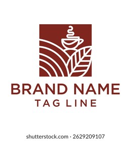 An elegant logo featuring a steaming coffee cup, coffee beans or fields, and a leaf within a square. Evokes warmth, nature, and the rich experience of coffee. Ideal for coffee brands or cafes.