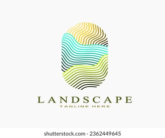 Elegant logo of landscape. Creative design with colorful wavy line art with yellow, brown, blue, and green. Suitable for travel, hotel, agriculture, farm.